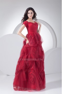 Floor-Length Satin Fine Netting Short Sleeve V-Neck Prom/Formal Evening Dresses 02020191