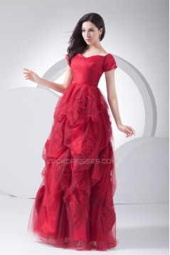 Floor-Length Satin Fine Netting Short Sleeve V-Neck Prom/Formal Evening Dresses 02020191