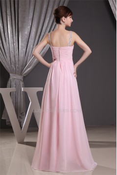 A-Line Floor-Length V-Neck Chiffon Long Pink Prom Evening Bridesmaid Dresses 02020202