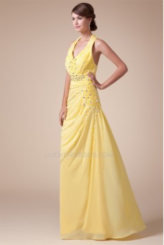 Halter Sleeveless Beading Chiffon Long Yellow Prom Evening Bridesmaid Dresses 02020206