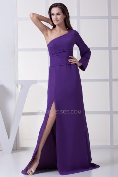 Long Sleeves Brush Sweep Train Ruched Chiffon Long Purple Prom/Formal Evening Dresses 02020215