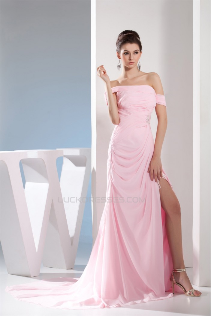 Off-the-Shoulder Sleeveless Brush Sweep Train Long Pink Prom/Formal Evening Dresses 02020226