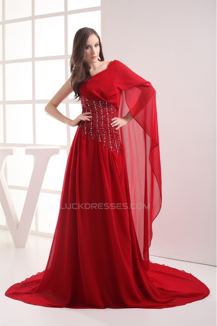 A-Line One-Shoulder Sleeveless Beading Long Red Prom/Formal Evening Dresses 02020236