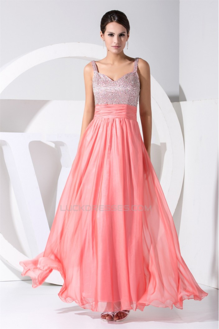 A-Line Straps Sleeveless Beaded Long Pink Prom/Formal Evening Dresses 02020241