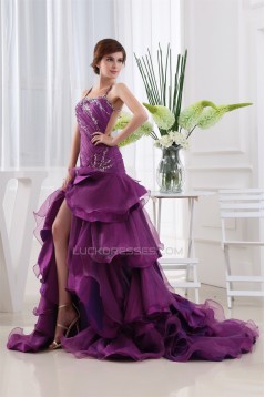 Puddle Train Beading A-Line Straps Satin Prom/Formal Evening Dresses 02020245