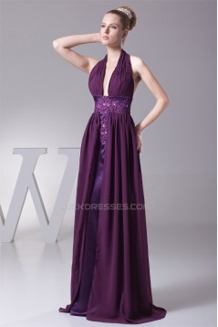 A-Line Ruffles Sleeveless Halter Chiffon Silk like Satin Prom/Formal Evening Dresses 02020253