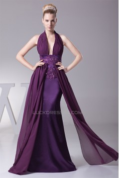 A-Line Ruffles Sleeveless Halter Chiffon Silk like Satin Prom/Formal Evening Dresses 02020253