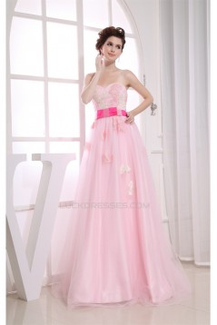A-Line Sweetheart Satin Fine Netting Long Pink Beading Prom/Formal Evening Dresses 02020269