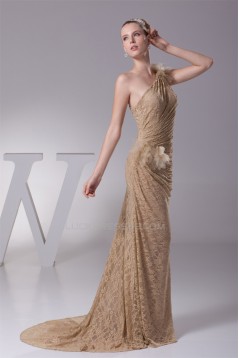 Sheath/Column Brush Sweep Train Pleats Lace Long Prom/Formal Evening Dresses 02020288