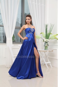 A-Line Silk like Satin Beading Long Blue Prom/Formal Evening Dresses 02020325