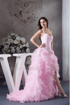 A-Line Sleeveless Satin Organza Brush Sweep Train Pink Prom/Formal Evening Dresses 02020379