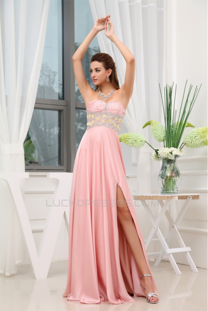 A-Line Sweetheart Beaded Long Pink Chiffon Prom Evening Formal Dresses 02020384