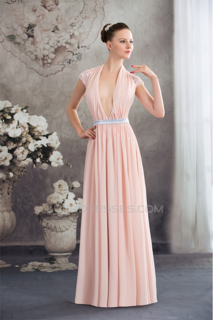 Sheath/Column Deep V-Neck Chiffon Lace Capped Sleeves Prom/Formal Evening Dresses 02020455