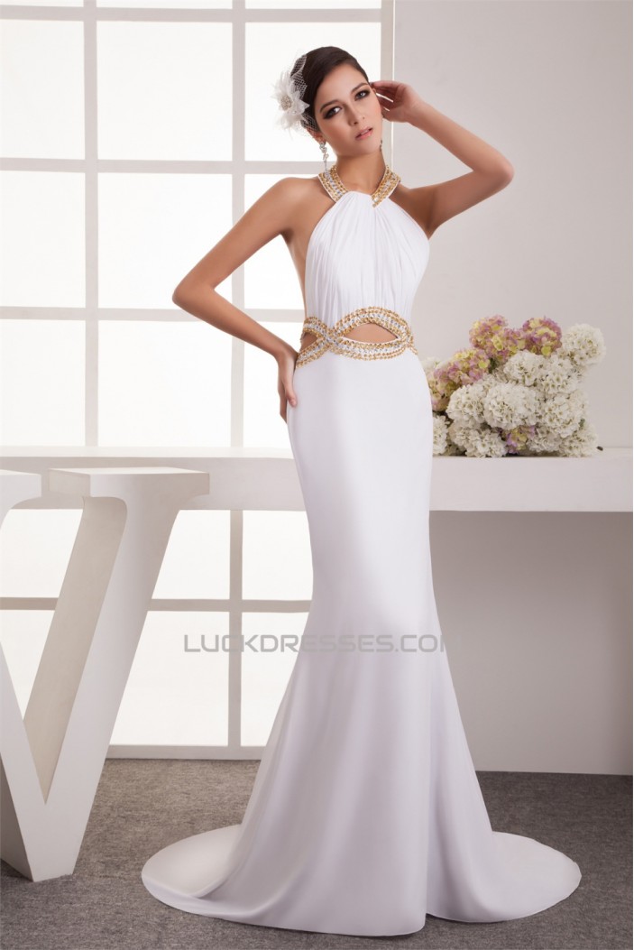 Trumpet/Mermaid Halter Chiffon Sleeveless Beaded Long White Prom/Formal Evening Dresses 02020458