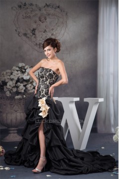 A-Line Strapless Satin Taffeta Lace Handmade Flowers Prom/Formal Evening Dresses 02020465