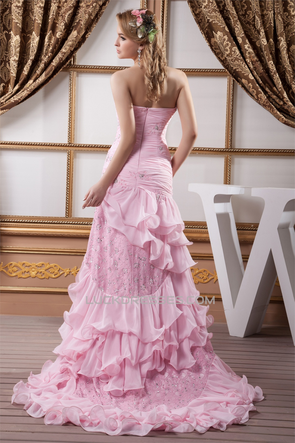 Asymmetrical Sleeveless Ruffles Sweetheart Lace Chiffon Prom/Formal ...