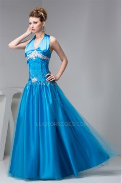 A-Line Beading Floor-Length Halter Fine Netting Prom/Formal Evening Dresses 02020480