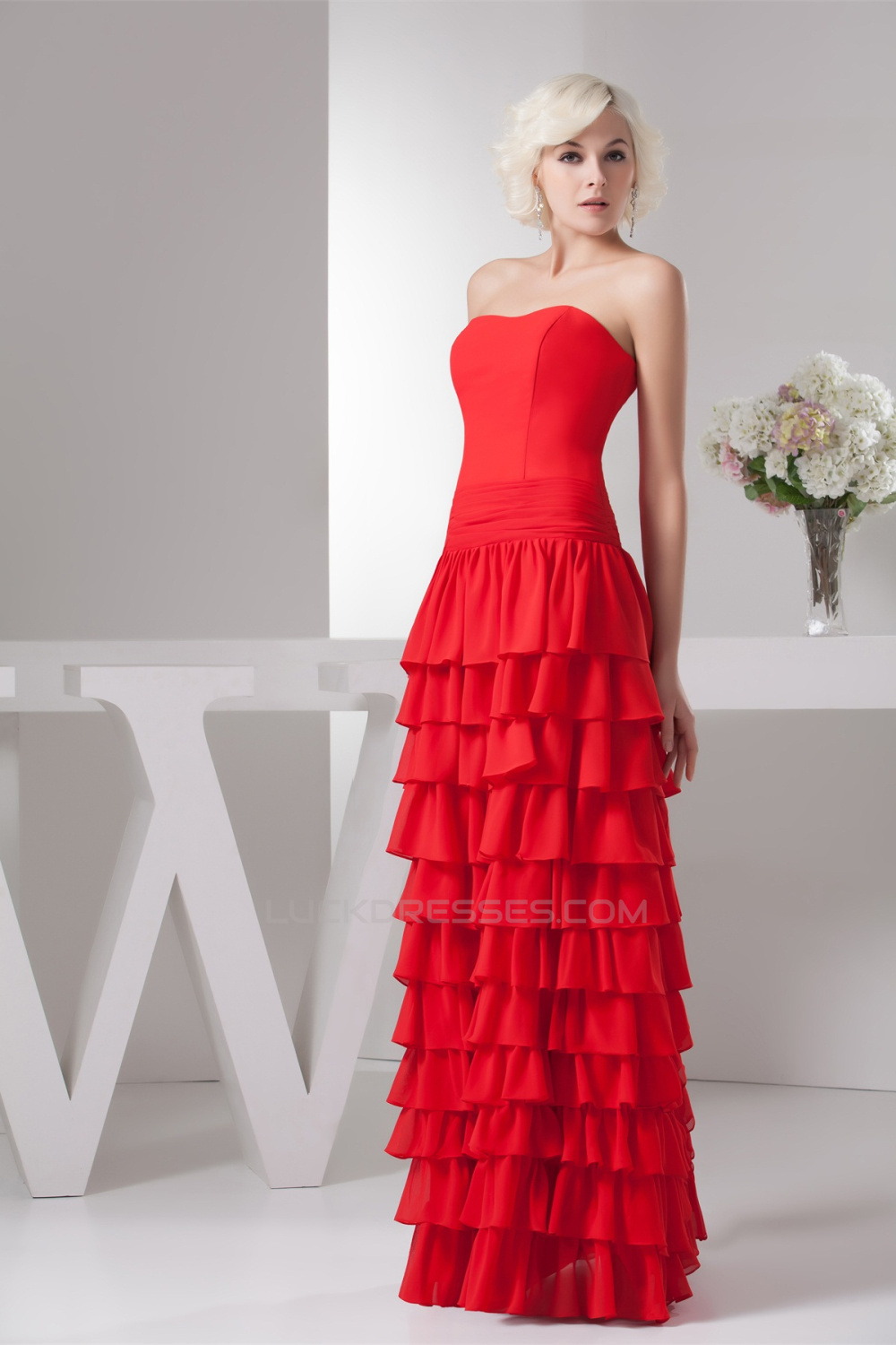 Sheathcolumn Strapless Chiffon Long Red Prom Evening Formal Dresses 02020505 