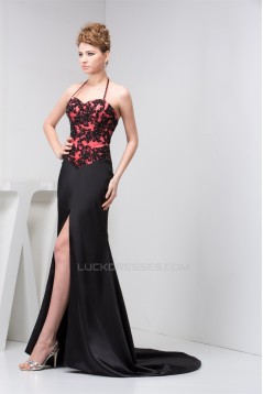 Silk like Satin Halter Sleeveless Split Front Evening Prom Formal Dresses 02020568