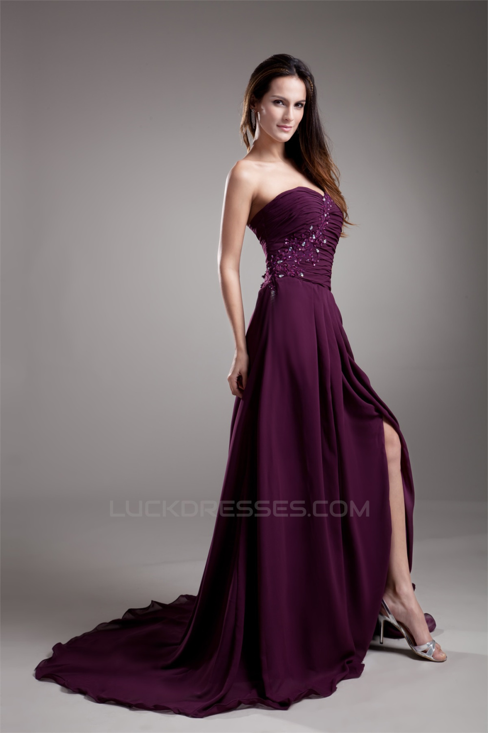 A-Line Ruffles Chiffon Sweetheart Long Purple Prom/Formal Evening ...