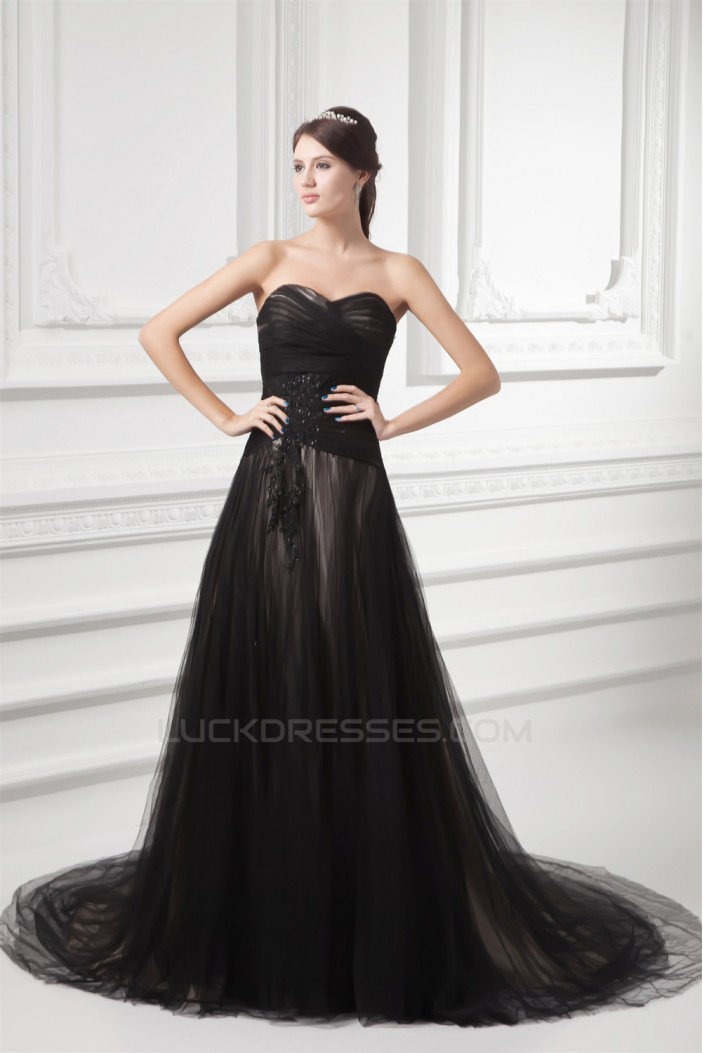 A-Line Fine Netting Sweetheart Sleeveless Long Black Prom/Formal Evening Dresses 02020820