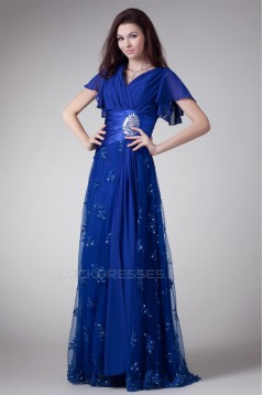 V-Neck Short Beading Chiffon Lace Elastic Woven Satin Prom/Formal Evening Dresses 02020964