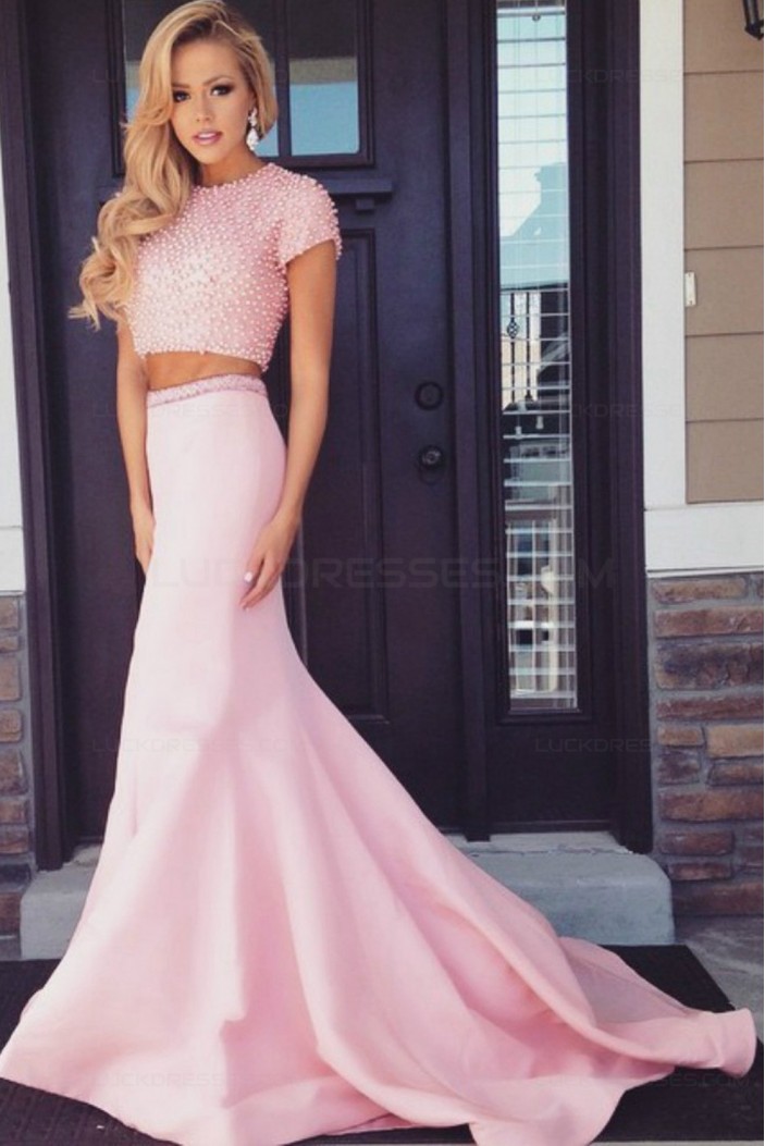Two Pieces Pink Keyhole Back Prom Evening Formal Dresses 3020002