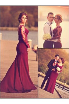 Trumpet/Mermaid Off-the-Shoulder Long Sleeves Red Lace Prom Evening Formal Dresses 3020003