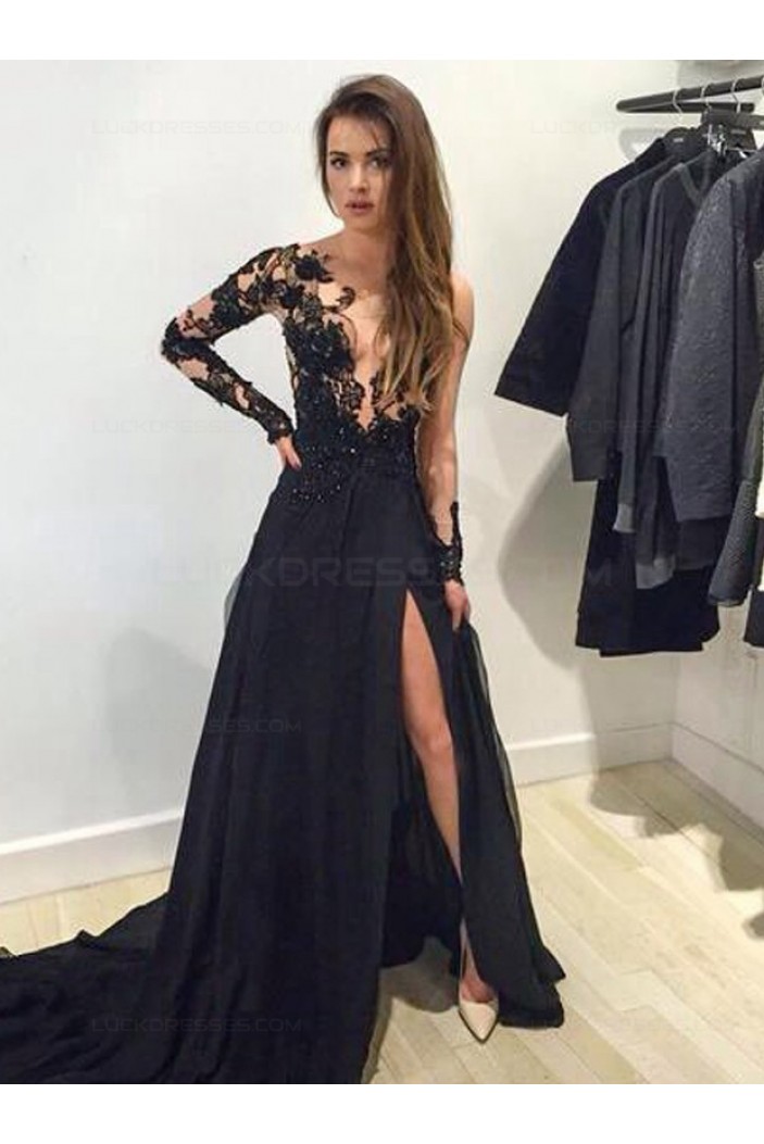 Long Black Lace Chiffon Prom Evening Formal Dresses 3020007