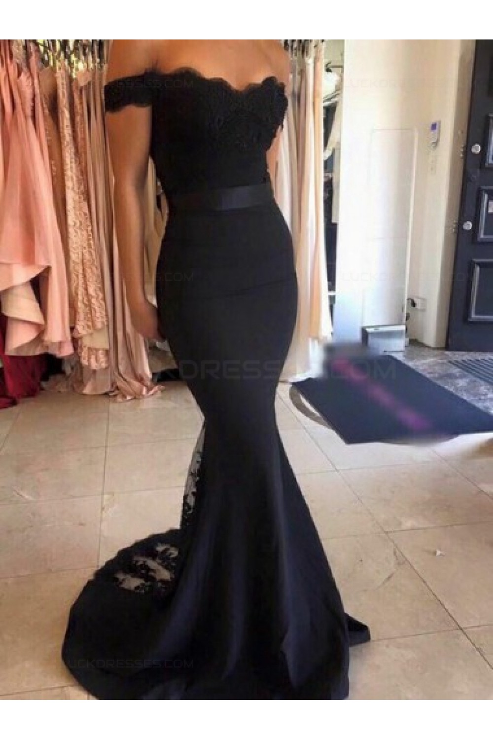 black lace floor length formal gown