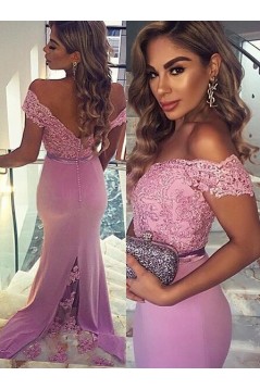 Trumpet/Mermaid Off-the-Shoulder Long Pink Lace Prom Evening Formal Dresses 3020009