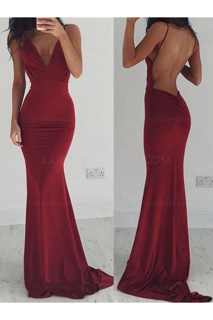 Trumpet/Mermaid Spaghetti Straps Long Red Backless Prom Evening Formal Dresses 3020012