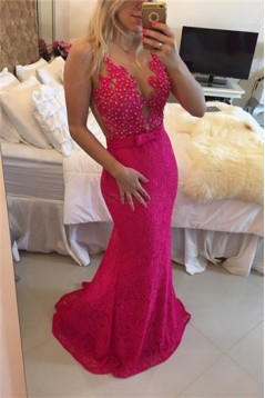 Trumpet/Mermaid Lace Long See Through Prom Evening Formal Dresses 3020014