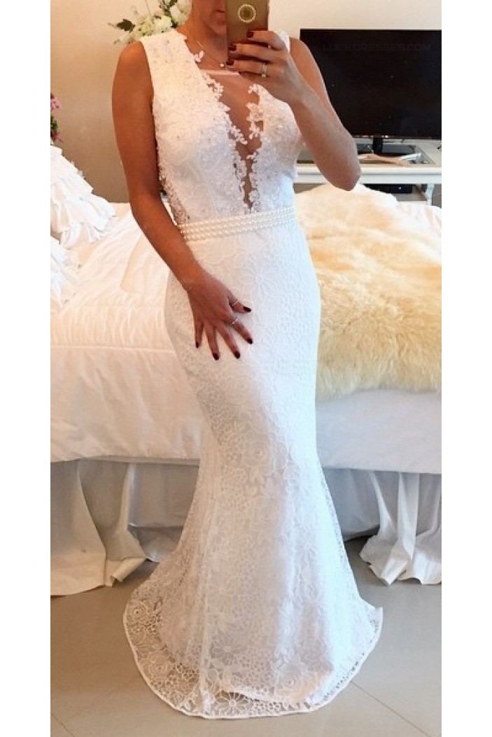 Sexy Trumpet/Mermaid Lace Long White See Through Prom Evening Formal Dresses 3020016