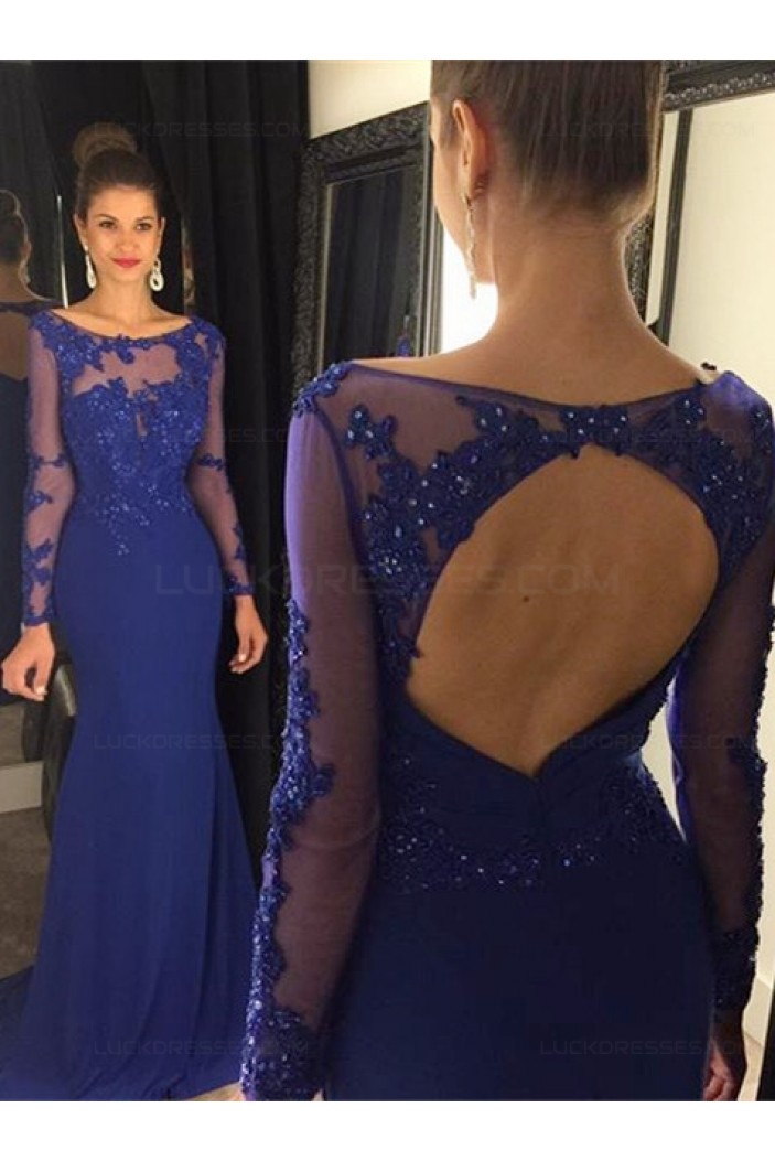 Mermaid Long Sleeves Blue Keyhole Back Lace Prom Evening Formal Dresses 3020037