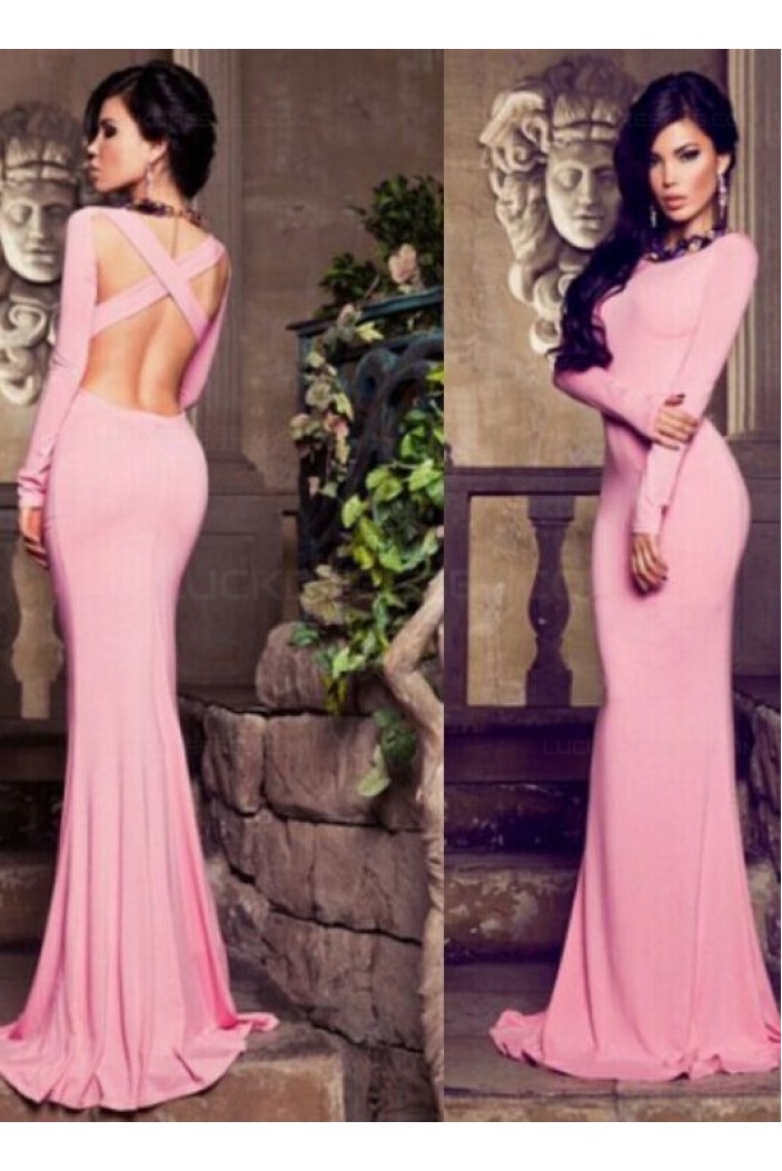 Trumpet/Mermaid Long Sleeves Pink Prom Evening Formal Dresses 3020042