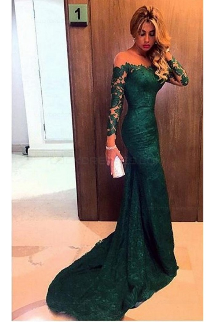 Trumpet/Mermaid Long Sleeves Green Lace Prom Evening Formal Dresses  3020077