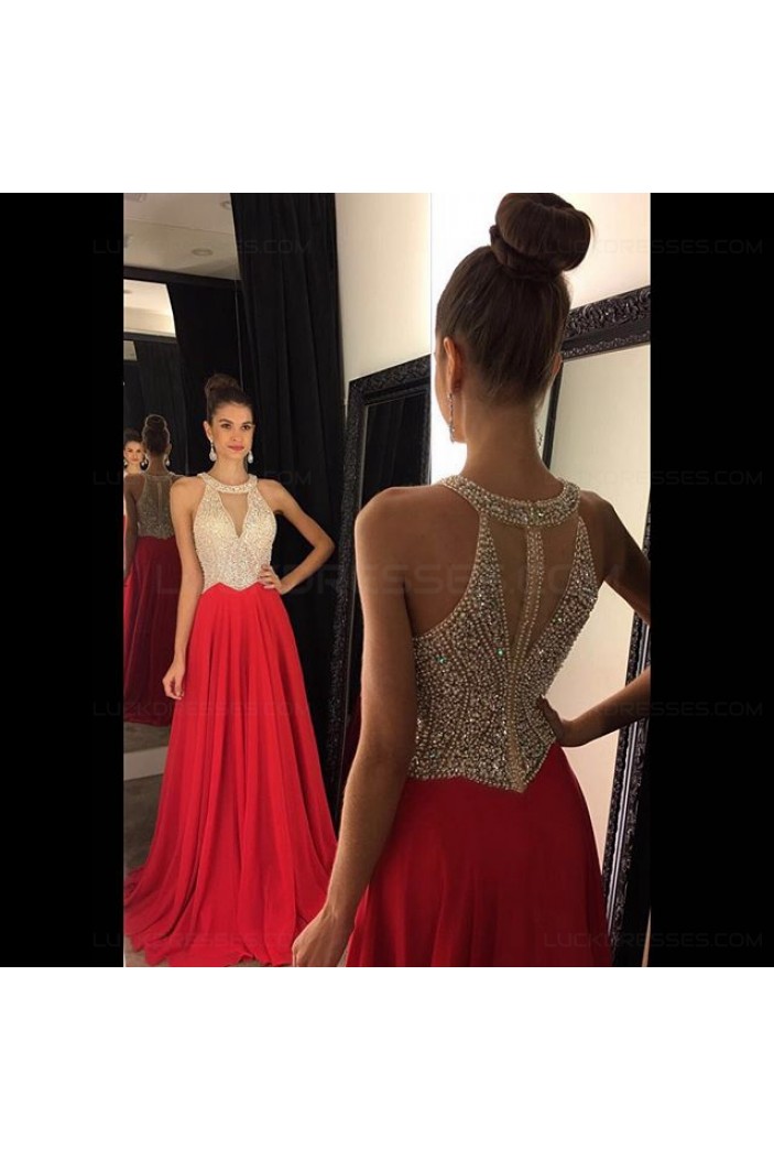 Beaded Long Red Chiffon Prom Evening Formal Dresses 3020078