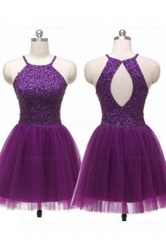 A-Line Short Beaded Purple Prom Evening Bridesmaid Cocktail Homecoming Dresses 3020090