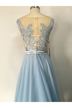 Long Blue Lace Chiffon See Through Prom Evening Formal Dresses 3020097