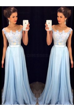 Long Blue Lace Chiffon See Through Prom Evening Formal Dresses 3020097