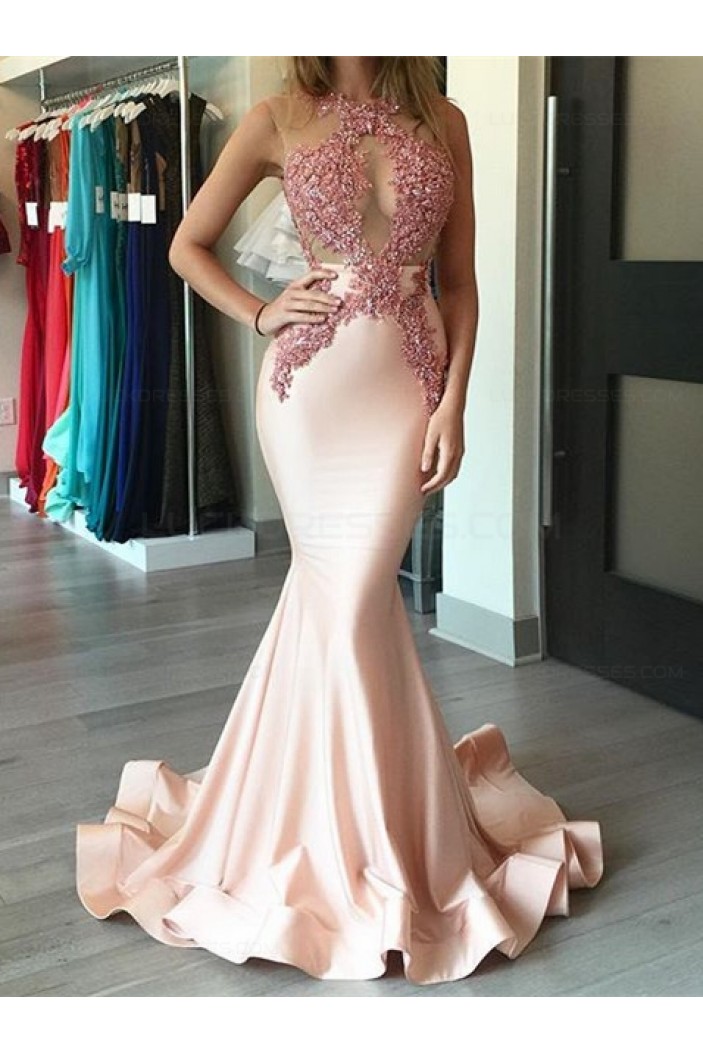 Sexy Mermaid Pink Lace Long Prom Evening Formal Dresses 3020098