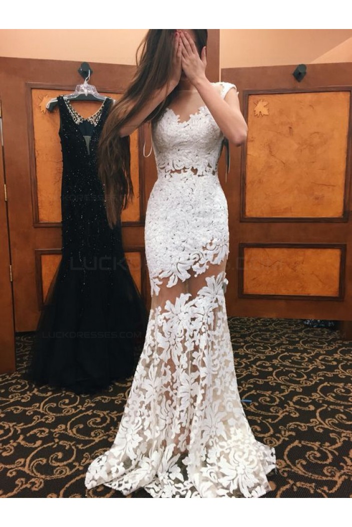 Trumpet/Mermaid Long White See Through Prom Evening Formal Dresses 3020101