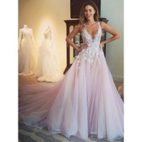 Elegant Lace V-Neck Long Prom Formal Evening Party Dresses 3021054