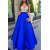 A-Line Silver Sequins Blue Satin Long Prom Evening Formal Dresses 3020107
