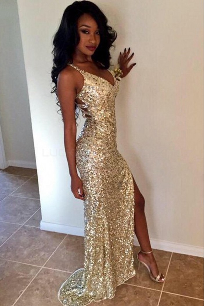 Sexy Gold Sequins V-Neck Long Prom Formal Evening Party Dresses 3021127
