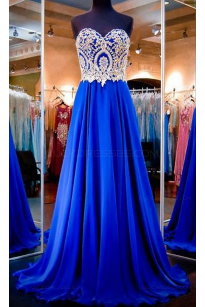 A-Line Sweetheart Gold Royal Blue Long Prom Evening Formal Dresses 3020113