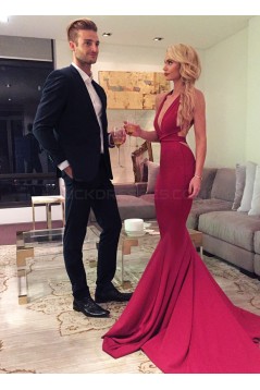 Sexy Red Mermaid Long Prom Formal Evening Party Dresses with Criss Cross Back 3021137