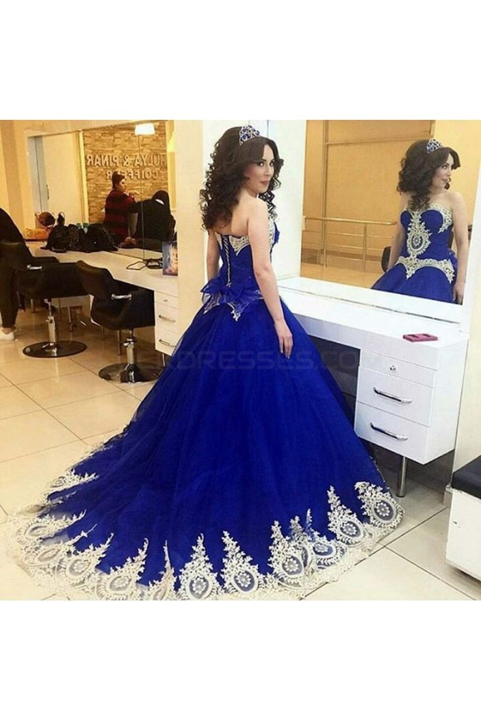 Long Blue Ball Gown Prom Formal Evening Party Dresses with Gold Lace Appliques 3021161