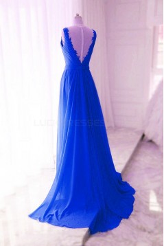 Long Blue Lace Chiffon V-Neck Prom Formal Evening Party Dresses 3021189